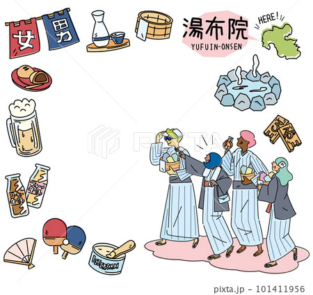 日本の大分の湯布院温泉と温泉のアイコンと浴衣を着た外国からの観光客のセット(線画) 日本の大分の湯布院温泉と温泉のアイコンと浴衣を着た外国からの観光客のセット(線画) 101411956