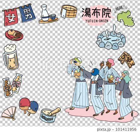 日本の大分の湯布院温泉と温泉のアイコンと浴衣を着た外国からの観光客のセット(線画) 日本の大分の湯布院温泉と温泉のアイコンと浴衣を着た外国からの観光客のセット(線画) 101411956