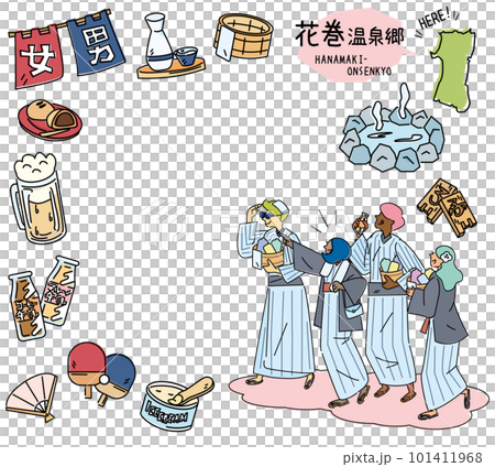 日本の岩手の花巻温泉郷と温泉のアイコンと浴衣を着た外国からの観光客のセット（線画） 101411968