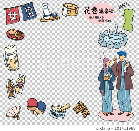 日本の岩手の花巻温泉郷と温泉のアイコンと浴衣を着たカップルのセット（線画） 101411969