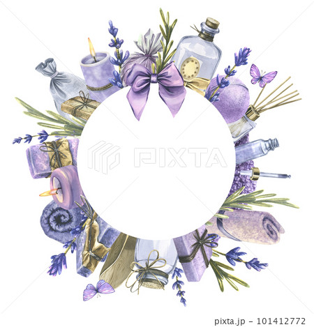 Handmade cosmetics with lavender and candles for bath, sauna, SPA, body and face care. Watercolor illustration on white background isolated. Empty round frame, template for your text and information. Handmade cosmetics with lavender and candles for bath, sauna, SPA, body and face care. Watercolor illustration on white background isolated. Empty round frame, template for your text and information. 101412772