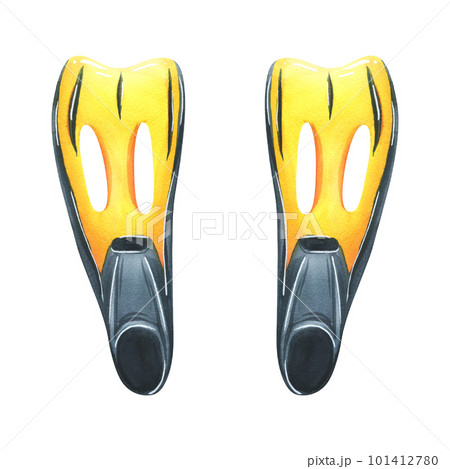 Flippers are yellow and black. Watercolor illustration, hand drawn. Isolated objects on a white background. For decoration and design of diving, snorkeling, swimming, beach and summer compositions. Flippers are yellow and black. Watercolor illustration, hand drawn. Isolated objects on a white background. For decoration and design of diving, snorkeling, swimming, beach and summer compositions. 101412780