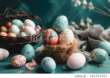 Easter card with multicolored eggs in wicker baskets and flowers pastel toned. Generative AI Easter card with multicolored eggs in wicker baskets and flowers pastel toned. Generative AI 101412921