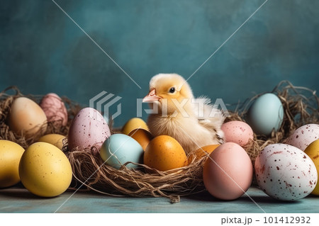 cute chick in nest with easter eggs on blue wall background. Easter card. Pastel colors cute chick in nest with easter eggs on blue wall background. Easter card. Pastel colors 101412932