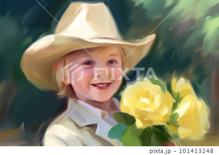 Young boy in romanctic mood with flower as a gift in his hand, AI generative image 101413248