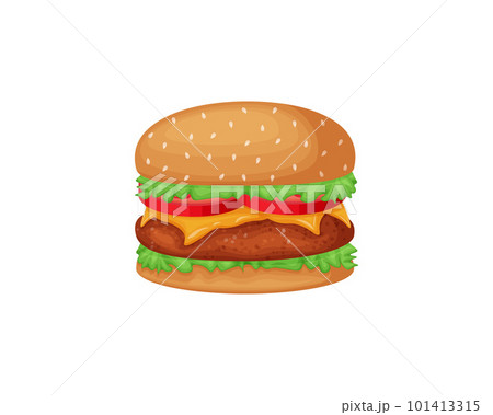 Hamburger. Burger with cutlet, tomatoes, cheese and salad on a sesame bun. Fast food. Vector illustration isolated on a white background Hamburger. Burger with cutlet, tomatoes, cheese and salad on a sesame bun. Fast food. Vector illustration isolated on a white background 101413315