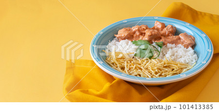 Chicken strogonoff with rice and potato straw. Chicken strogonoff with rice and potato straw. 101413385