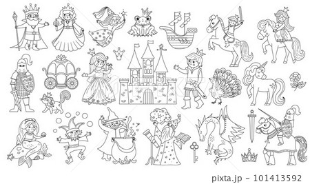 Fairy tale black and white characters and objects collection. Big vector set with line fantasy princess, king, queen, witch, knight, unicorn, dragon. Medieval fairytale castle pack or coloring page 101413592
