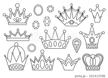 Fairy tale black and white crowns collection. Vector line set with fantasy king or queen accessories. Sovereign authority symbols. Medieval fairytale royal jewelry icons or coloring page 101413596