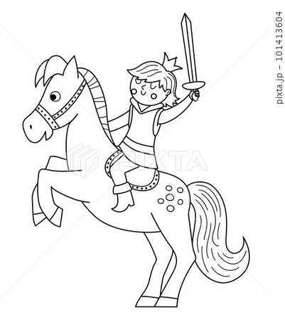 Fairy tale black and white prince with sward on a horse on the rack. Vector line fantasy young monarch in crown ready to fight. Medieval fairytale character icon or coloring page 101413604