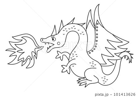 Fairy tale black and white dragon breathing out fire isolated on white background. Vector line fantasy animal. Medieval fairytale character. Cartoon magic icon or coloring page 101413626