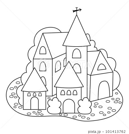 Vector Medieval black and white village icon isolated on white background. Magic kingdom picture. Stone and wooden building coloring page. Countryside with towers, houses, trees 101413762