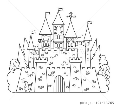 Vector black and white castle icon isolated on white background. Magic kingdom line picture. Medieval stone palace with towers, flags, gates. Fairy tale king house illustration or coloring page 101413765