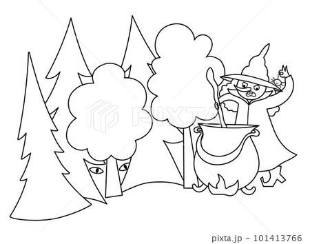 Fairy tale black and white vector magic forest illustration with witch, preparing potion in cauldron. Fairytale or Halloween fantasy line scene. Cartoon magic coloring page 101413766