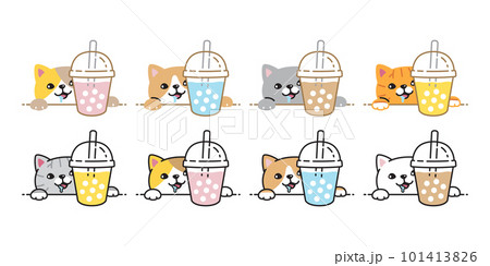 cat vector kitten icon boba tea bubble milk tea drink coffee neko calico pet character cartoon symbol tattoo stamp scarf illustration design isolated 101413826