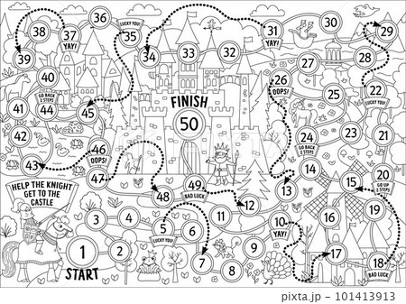 Black and white fairytale dice board game with medieval landscape. Magic kingdom line boardgame.  Fairy tale activity, printable worksheet for kids. Coloring page with knight, castle 101413913