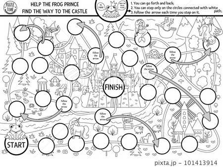 Fairytale black and white dice board game with medieval village map. Magic kingdom line boardgame.  Fairy tale activity, printable worksheet for kids. Coloring page with frog prince, castle 101413914