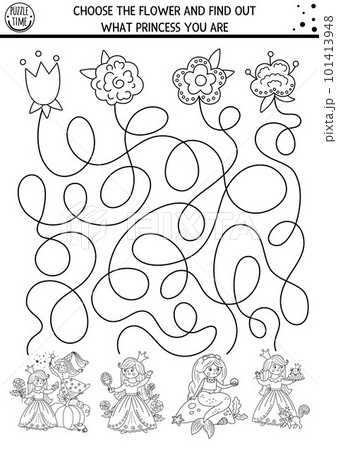 Fairytale black and white maze for kids with cute princesses and flowers. Magic kingdom preschool printable activity or coloring page with Sleeping Beauty, Mermaid. Fairy tale labyrinth game Fairytale black and white maze for kids with cute princesses and flowers. Magic kingdom preschool printable activity or coloring page with Sleeping Beauty, Mermaid. Fairy tale labyrinth game 101413948
