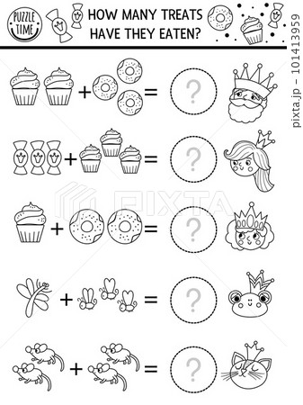 How many treats game with cute fairytale characters, donuts, sweets. Black and white magic kingdom math addition activity for preschool kids. Printable simple counting worksheet or coloring page 101413959