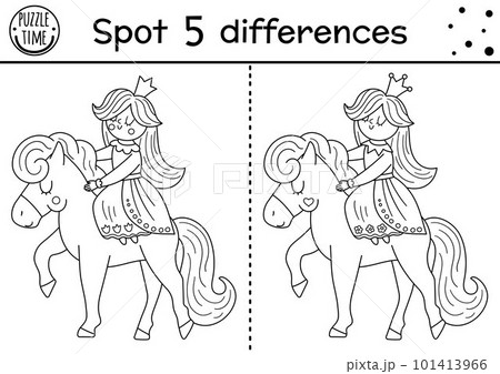 Black and white find differences game for children. Fairytale educational activity with cute princess and mirror. Magic kingdom puzzle for kids. Fairy tale printable worksheet or coloring page 101413966