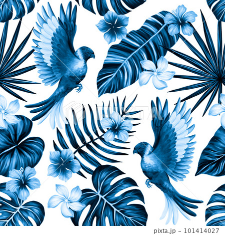 Tropical seamless pattern. Colorful vivid print with beautiful palm jungle leaves, flowers and lorikeet parrots. Repeated luxury design for packaging, cosmetic, fashion, textile, wallpaper. 101414027