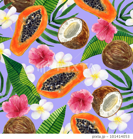 Tropical seamless background. Pattern with beautiful watercolor exotic leaves, papaya, coconut, hibiscus, plumeria. Botanical hand drawn illustration. Texture for print, textile, cosmetics, packing. 101414053