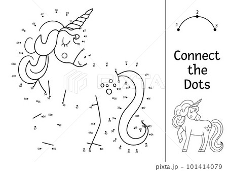 Vector dot-to-dot and color activity with cute unicorn. Magic kingdom connect the dots game for children with fantasy creature. Fairy tale coloring page for kids. Printable worksheet Vector dot-to-dot and color activity with cute unicorn. Magic kingdom connect the dots game for children with fantasy creature. Fairy tale coloring page for kids. Printable worksheet 101414079