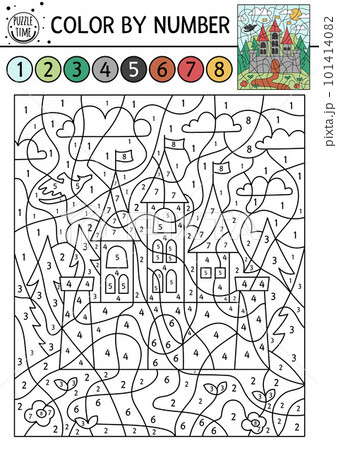 Vector Magic kingdom color by number activity with castle. Fairytale counting game with cute fantasy forest landscape and king house. Funny coloring page for kids with palace and dragon. Vector Magic kingdom color by number activity with castle. Fairytale counting game with cute fantasy forest landscape and king house. Funny coloring page for kids with palace and dragon. 101414082