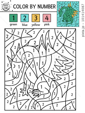 Vector Magic kingdom color by number activity with green dragon. Fairytale counting game with cute dinosaur. Funny coloring page for kids with fantasy creature. Vector Magic kingdom color by number activity with green dragon. Fairytale counting game with cute dinosaur. Funny coloring page for kids with fantasy creature. 101414087