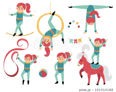 Vector set with gymnast girls with hoop, horse, ribbon. Cute funny acrobat. Circus or sport artist clipart. Amusement holiday icons pack. Festival characters clip art. Tightrope walker illustration 101414188