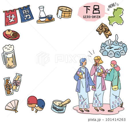 日本の岐阜の下呂温泉と温泉のアイコンと浴衣を着た女友達のセット（線画） 101414263