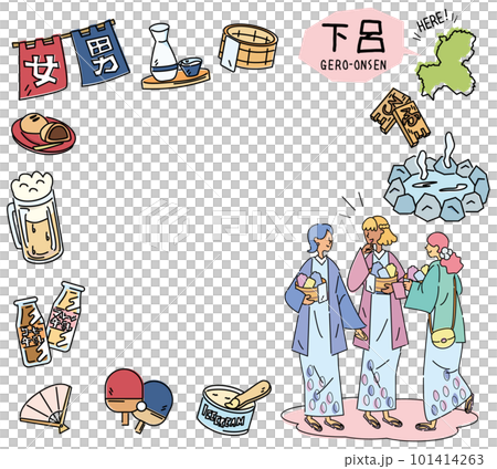 日本の岐阜の下呂温泉と温泉のアイコンと浴衣を着た女友達のセット（線画） 101414263