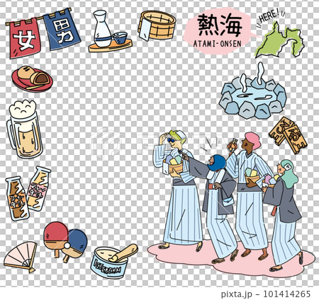 日本靜岡的熱海溫泉和一組穿著浴衣的溫泉偶像和外國遊客(畫線) 日本靜岡的熱海溫泉和一組穿著浴衣的溫泉偶像和外國遊客(畫線) 101414265
