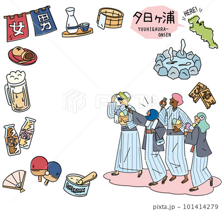 日本の京都の夕日ヶ浦温泉と温泉のアイコンと浴衣を着た外国からの観光客のセット（線画） 101414279