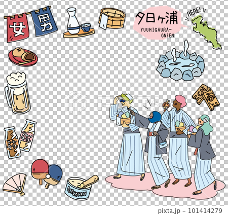 日本の京都の夕日ヶ浦温泉と温泉のアイコンと浴衣を着た外国からの観光客のセット（線画） 101414279