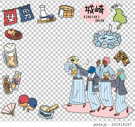 日本兵庫縣的城崎溫泉和一組穿著浴衣的溫泉偶像和外國遊客（畫線） 101414287