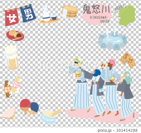 Set of icons of Kinugawa Onsen in Tochigi, Japan and foreign tourists wearing yukata (flat) Set of icons of Kinugawa Onsen in Tochigi, Japan and foreign tourists wearing yukata (flat) 101414288