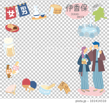 Ikaho Onsen in Gunma, Japan and a set of hot spring icons and a couple wearing a yukata (flat) 101414310