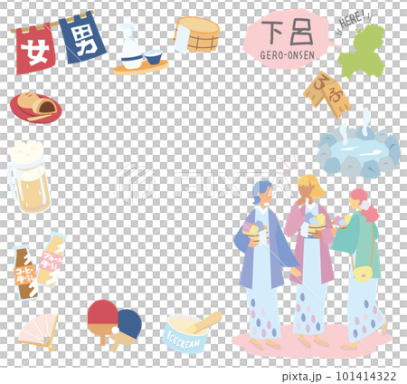 A set of Gero Onsen in Gifu, Japan, an icon of the hot spring, and a female friend wearing a yukata (flat) 101414322