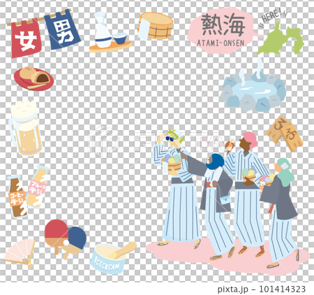 日本靜岡的熱海溫泉和一組穿著浴衣（扁平）的溫泉偶像和外國遊客 101414323