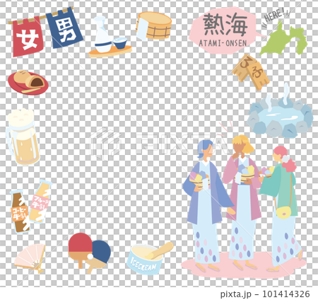 Atami Onsen in Shizuoka, Japan and a set of hot spring icons and female friends wearing yukata (flat) 101414326