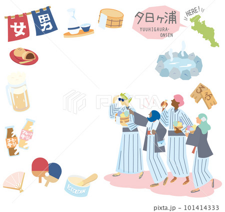日本の京都の夕日ヶ浦温泉と温泉のアイコンと浴衣を着た外国からの観光客のセット(フラット) 日本の京都の夕日ヶ浦温泉と温泉のアイコンと浴衣を着た外国からの観光客のセット(フラット) 101414333
