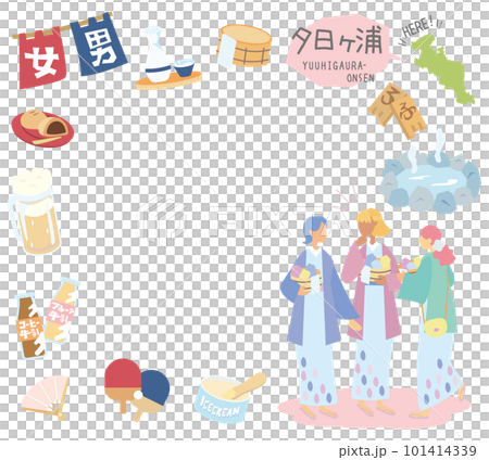 日本の京都の夕日ヶ浦温泉と温泉のアイコンと浴衣を着た女友達のセット（フラット） 101414339