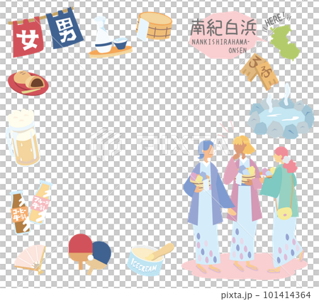 Set of icons of Nanki Shirahama and hot springs in Wakayama, Japan, and female friends wearing yukata (flat) 101414364