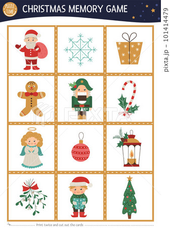 Christmas memory game cards with traditional holiday symbols. Matching activity with funny characters. Remember and find correct card. Simple winter printable worksheet for kids. Christmas memory game cards with traditional holiday symbols. Matching activity with funny characters. Remember and find correct card. Simple winter printable worksheet for kids. 101414479