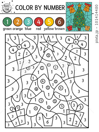 Vector Christmas color by number activity with fir tree, bells, gift boxes. Winter holiday coloring and counting game with cute plant. Funny New Year coloration page for kids. 101414480