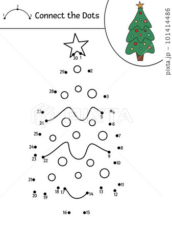 Vector Christmas dot-to-dot and color activity with cute fir tree. Winter holiday connect the dots game for children. Funny coloring page for kids with traditional New Year symbol. 101414486