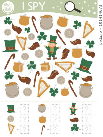 Saint Patrick I spy game for kids. Searching and counting activity for preschool children with traditional Irish holiday objects. Funny printable worksheet for kids. Simple holiday spotting puzzle. 101414673