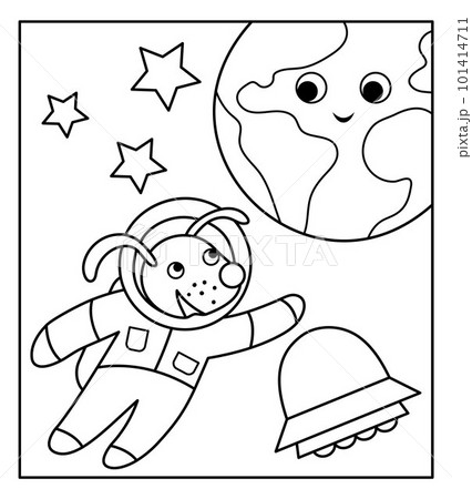Vector black and white funny astronaut dog in space with planet Earth, stars, UFO. Cute cosmic illustration for children. Astronomy coloring page with kawaii spaceman 101414711