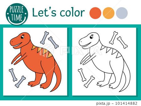 Prehistoric coloring page for children. Cute funny scene with tyrannosaurus rex. Vector Jurassic period outline illustration. Dino color book for kids with colored example 101414882